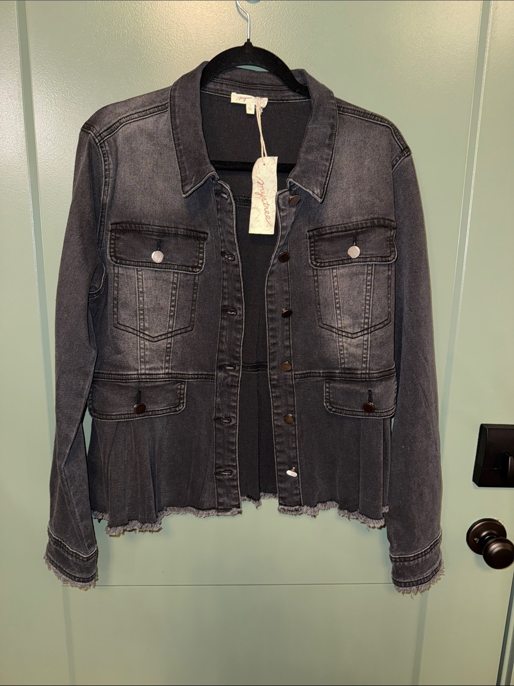 NWT Mystree Washed Black Denim Jacket with Raw Hem Detail